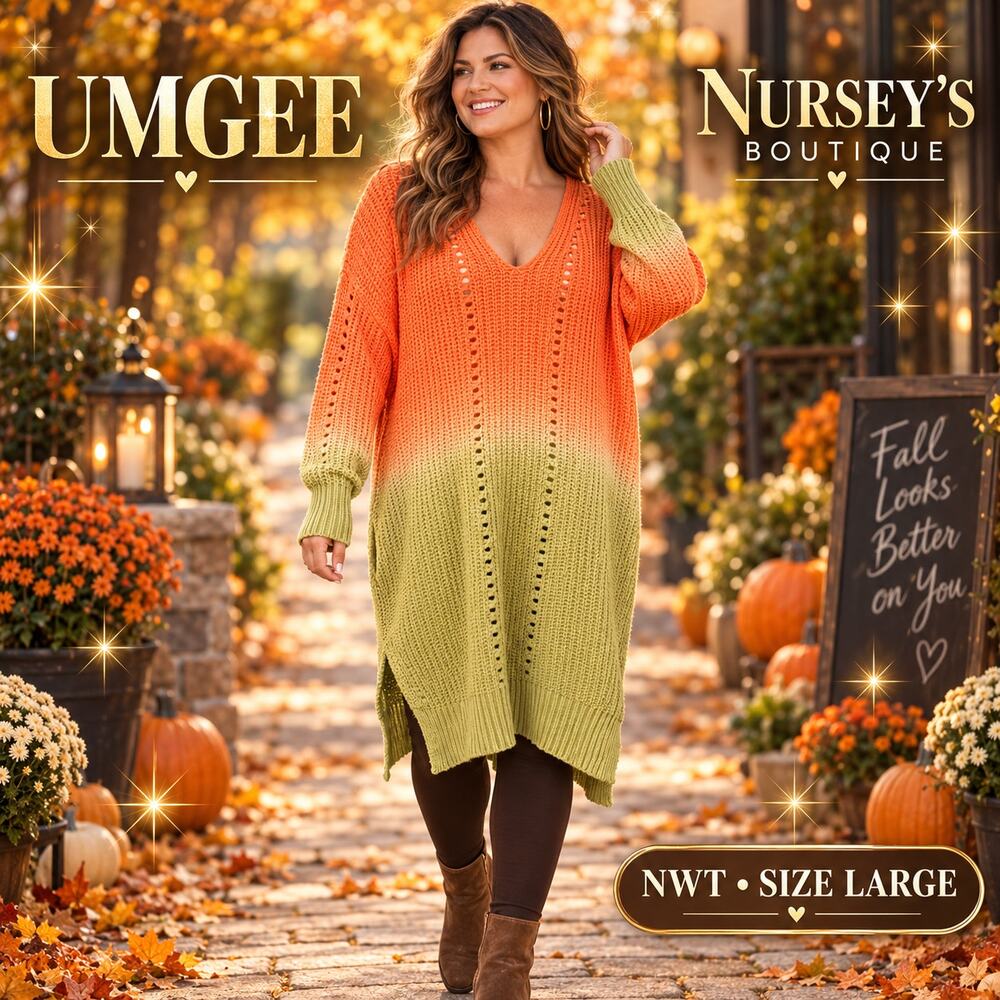 NWT Umgee C2005 Ombre Sweater Dress L Orange Green Boho Pointelle Tunic